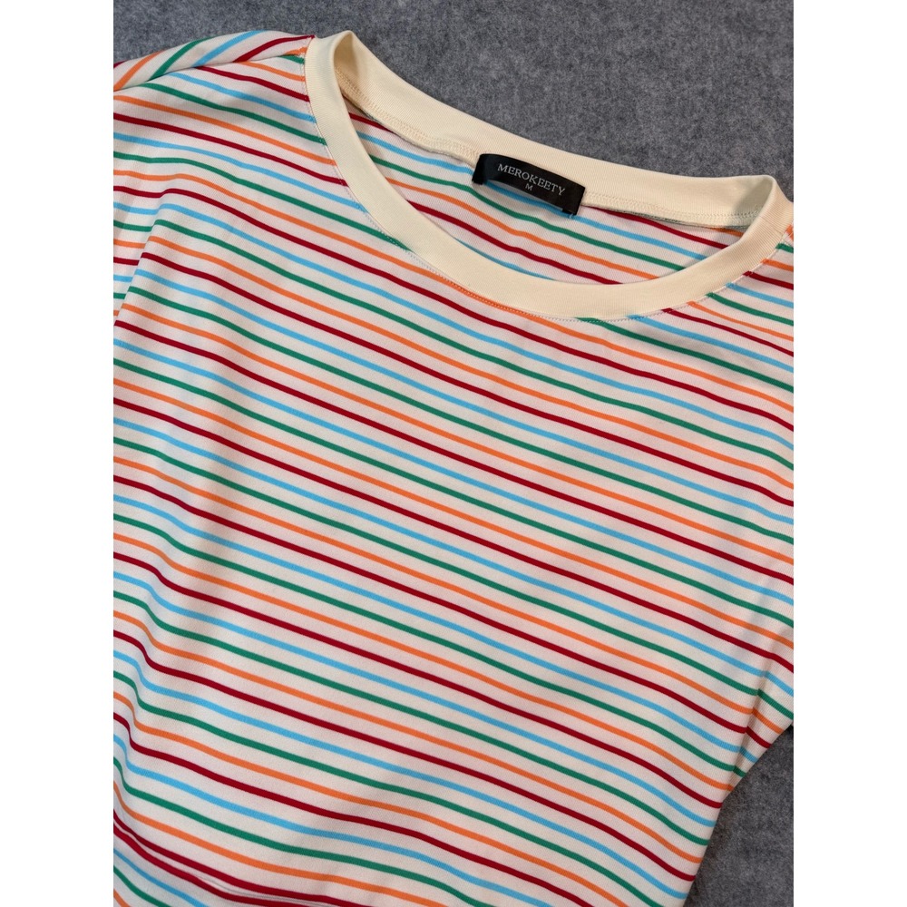 MEROKEETY Womens Rainbow Stripe Tie Back Sheath Dress Medium Multicolor Casual